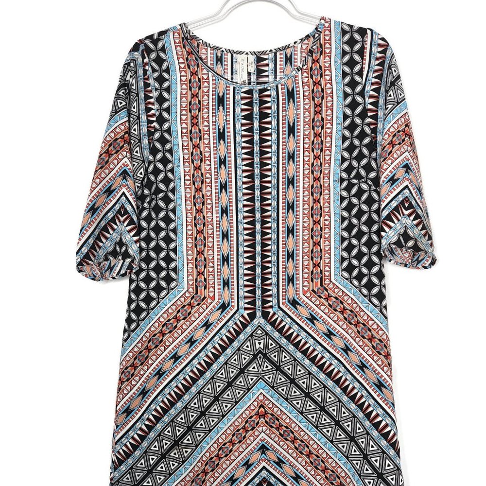 Pink Owl Shift Dress Small Half Sleeve Geometric Light Black White Colorful